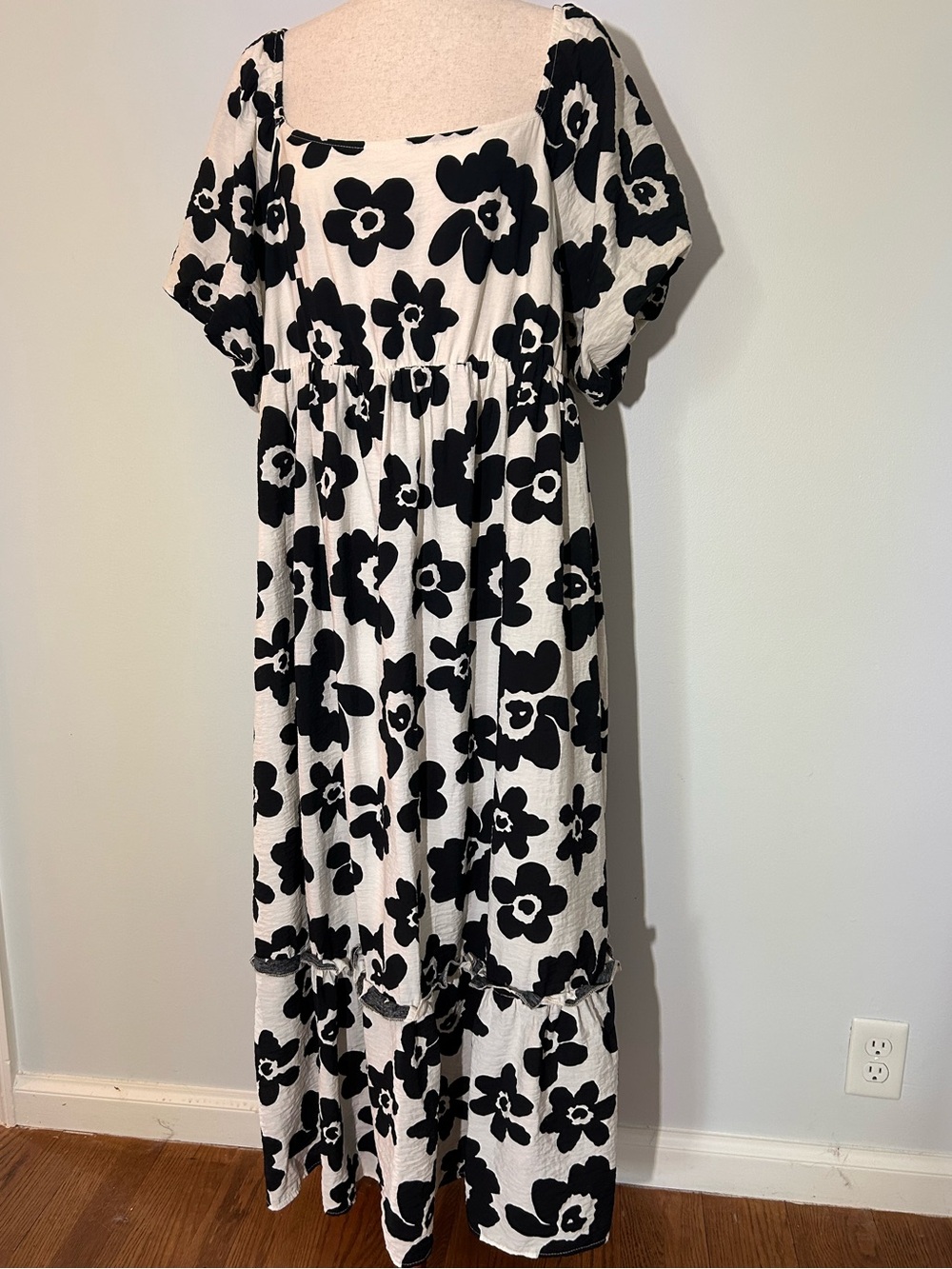 Black & White Floral Maxi Dress with Square Neckline